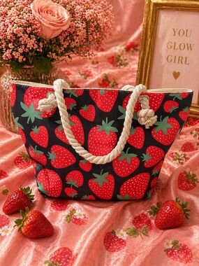 Strawberry Print Rope-Handle Tote Bag - Red/Green-NWT